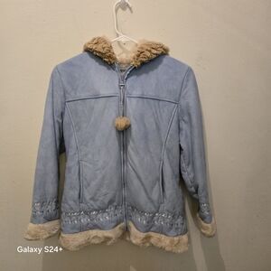 Big Chill Blue and Cream Puffer Jacket with Faux Fur Trim